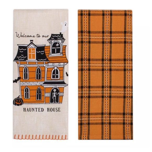 2pk Halloween Haunted House Printed and Plaid Dish Kitchen Towel - Bullseye - Picture 2 of 5